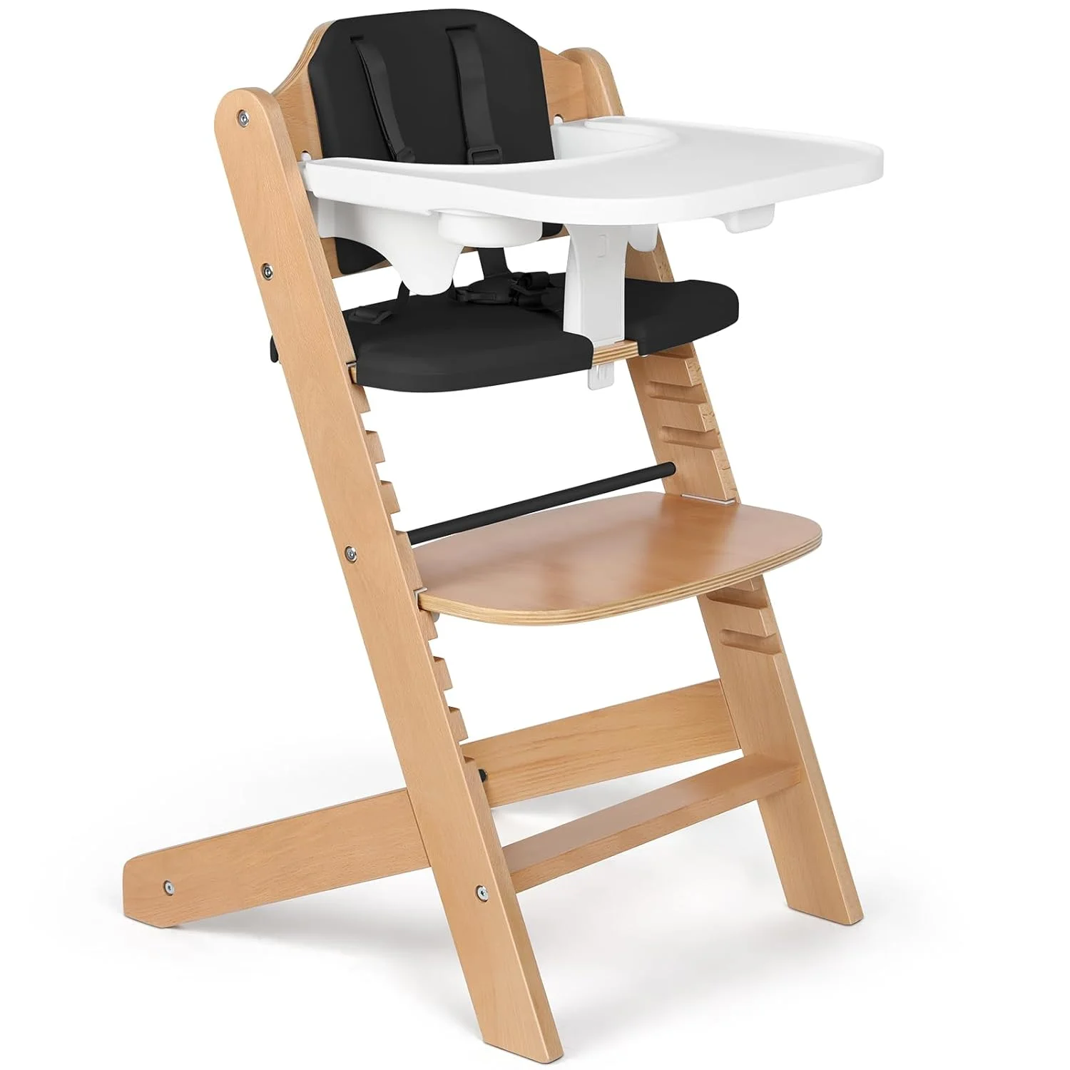 Cowiewie Wooden High Chair with Plastic Tray, Toddler Feeding High Chair, 8 Height Adjustments, with Cushion and Harness