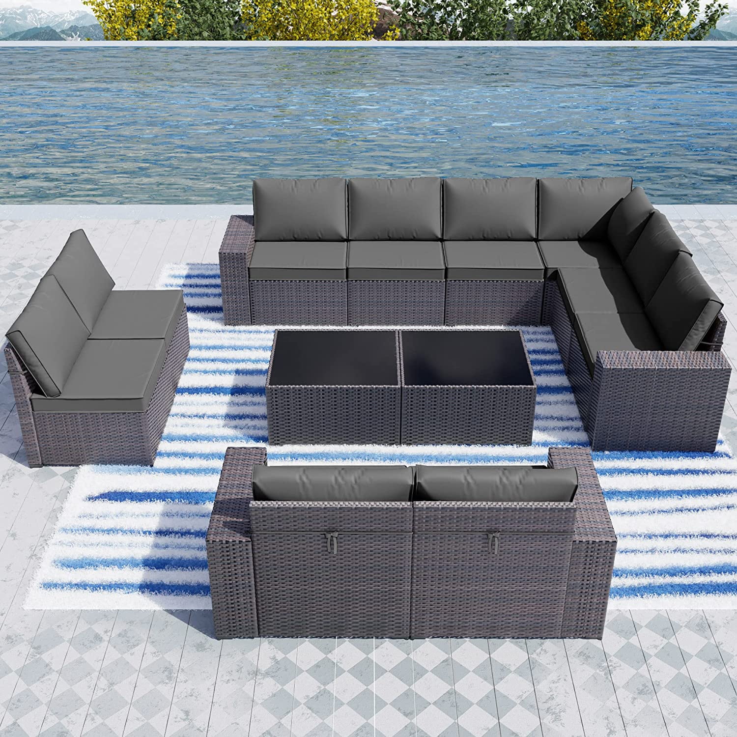 Popular Outdoor Patio Furniture Set 6 Pieces Sectional Rattan Sofa Set Brown PE Rattan Wicker Patio Conversation Set with 5 Navy Blue Seat Cushions and 1 Tempered Glass Table