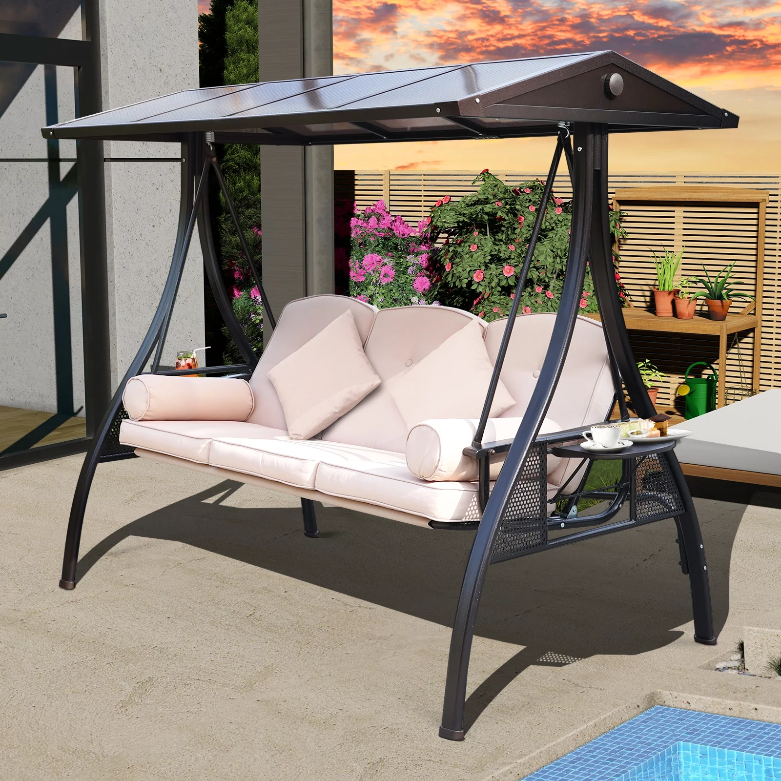 NOBLEMOOD Hardtop Outdoor Porch Swing, 3 Seat Patio Swing with Convertible Backrest, Cup Holders, Cushions & Pillows