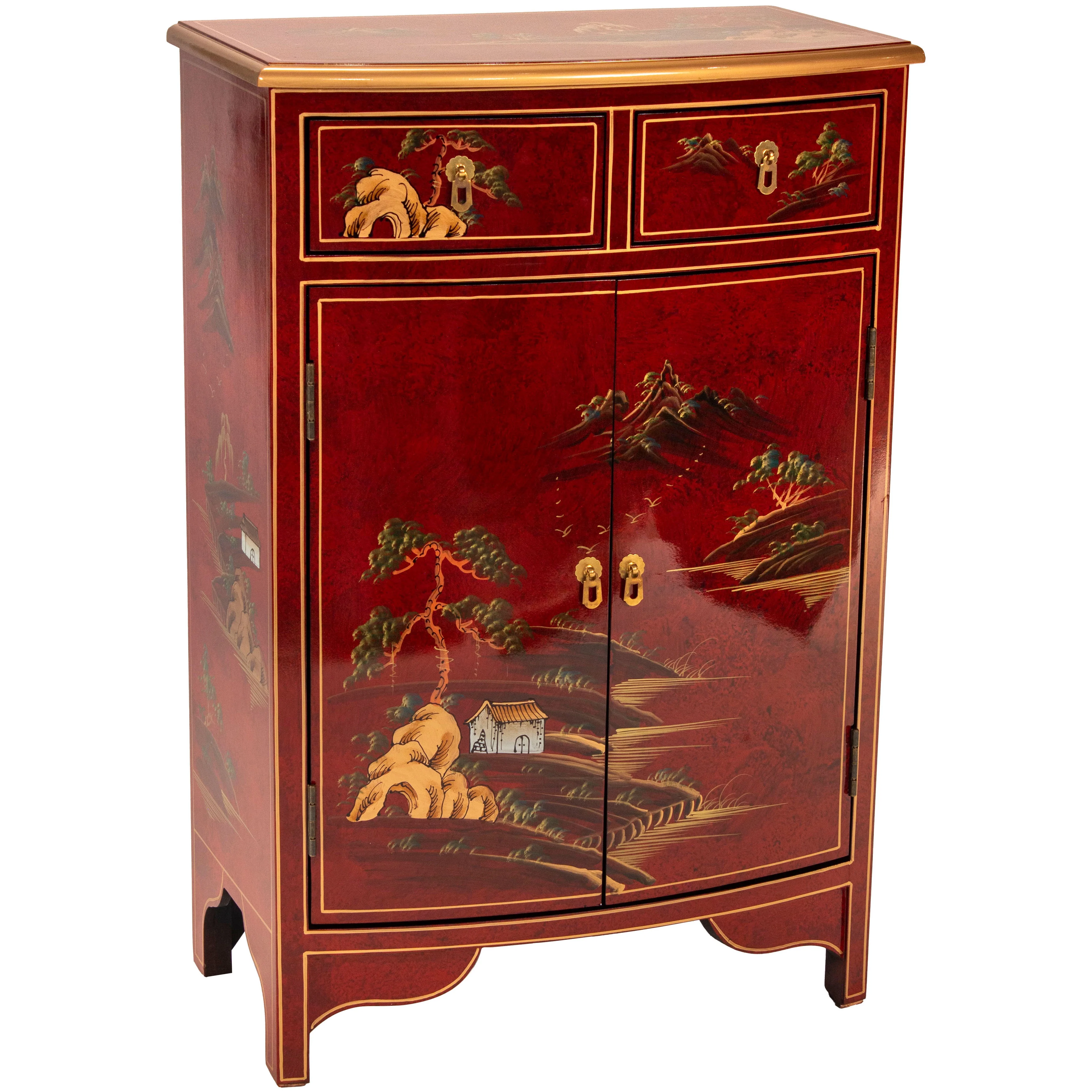 Oriental Furniture Red Lacquer Half-Round Cabinet - Landscape