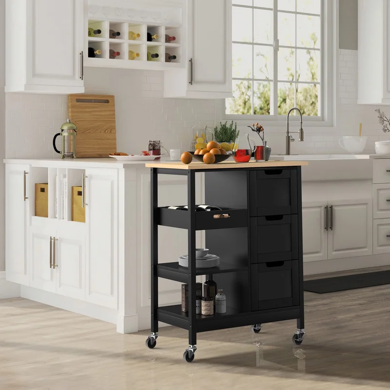 Dextrus 3 Tier Kitchen Island Cart with Storage, Rolling Kitchen Cart with Large Countertop, Opening Shelves and Drawers for Kitchen Dining Room, Black