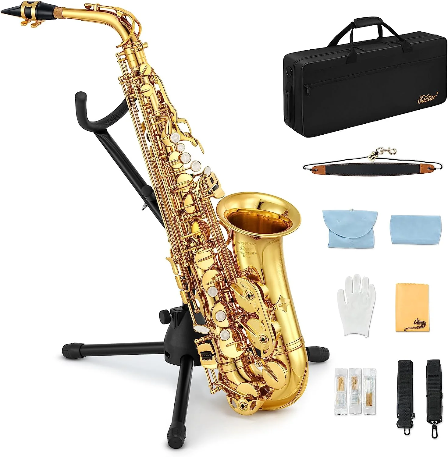Eastar Alto Saxophone with Stand E Flat Gold Lacquer Student Beginner Sax Full Kit School Band Orchestra Instruments AS-II