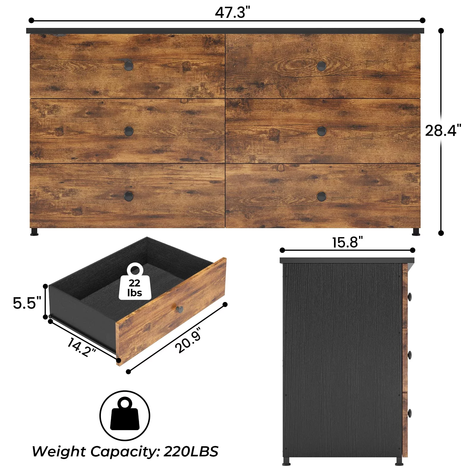 Double Dresser with 6 Drawers,Large Chest of Drawers Storage Cabinet for Bedroom Living Room,Brown