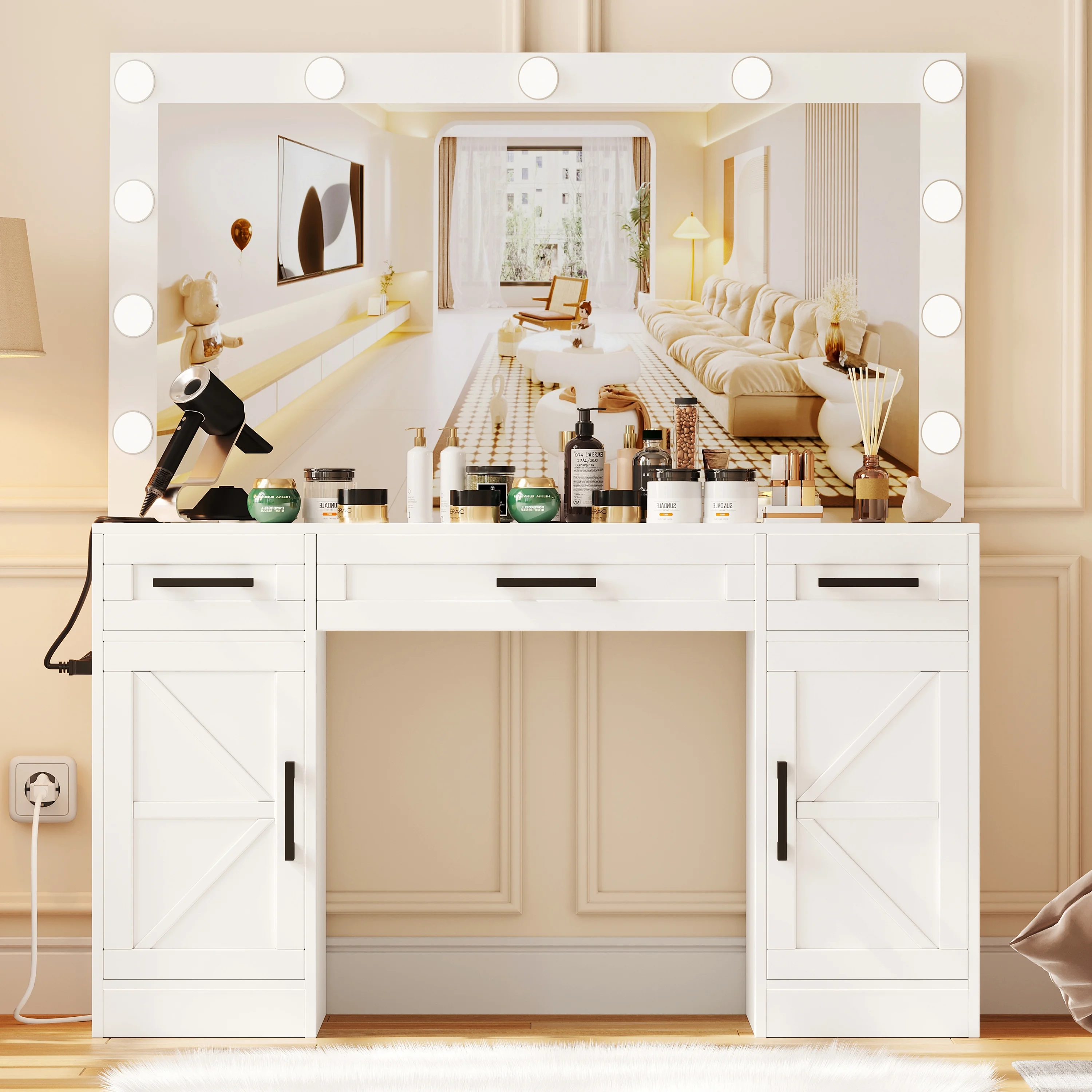 Rovaurx Farmhouse Vanity Desk with Large Lighted Mirror, Makeup Vanity with 3 Drawers and Cabinet, Vanity Table with Charging Station, 3 Color Lighting Modes, White RSZT111W