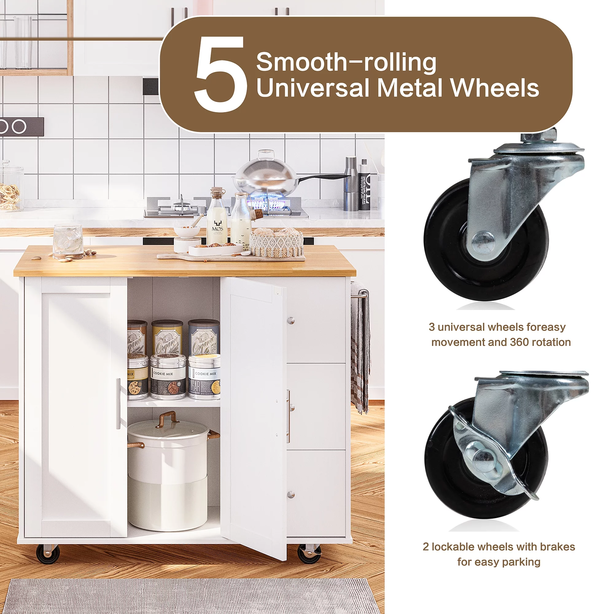 Walsunny Kitchen Island on Wheels with Storage Cabinet & 3 Drawer, 39.7