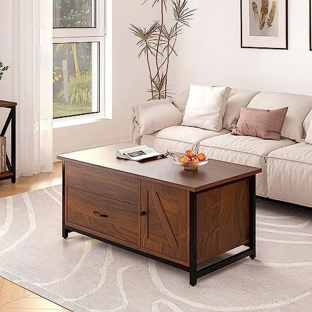 KBANZIBIU 41.7" Lift Top Coffee Table with  Drawer& Hidden Compartment Barn Door Cabinet Center Sofa Console Table for Living Room Farmhouse Industrial Wood (Rustic Brown2)