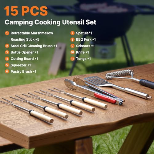 Camping Cooking Utensil Set Camp Kitchen Utensils Kit with Organizer Case Bag, Portable RV Camping Cooking Essentials Cookouts Open Fire Pit Grilling Rotating Marshmallow Roasting Sticks BBQ Forks