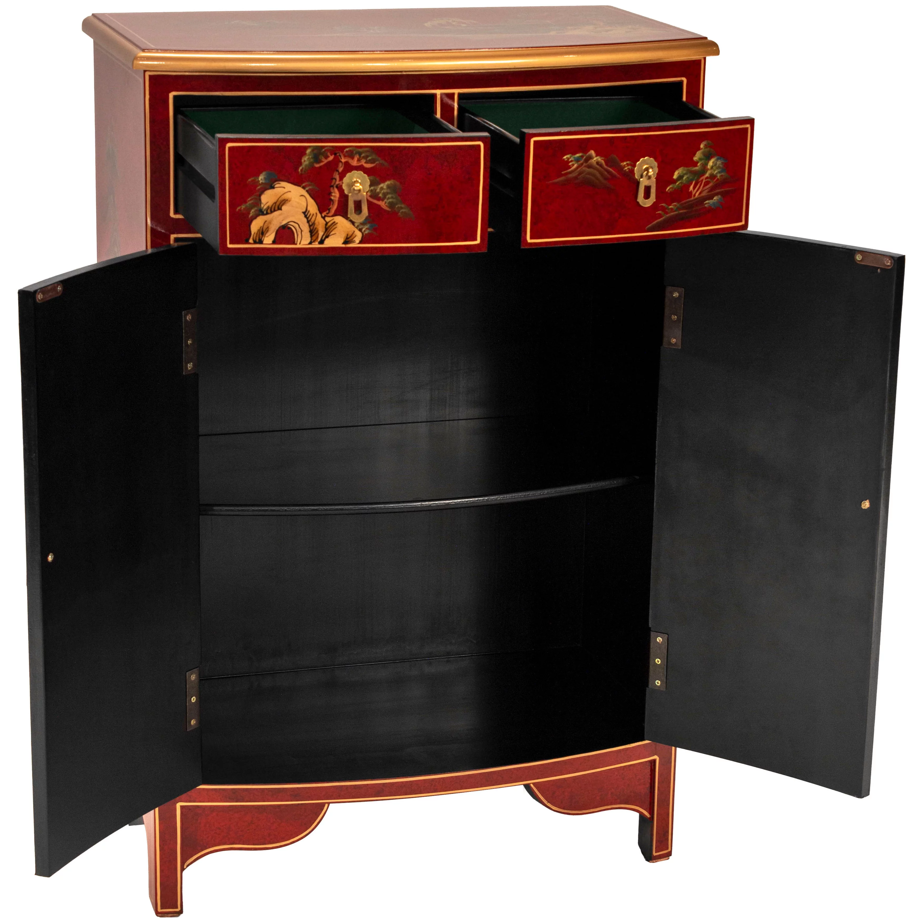 Oriental Furniture Red Lacquer Half-Round Cabinet - Landscape