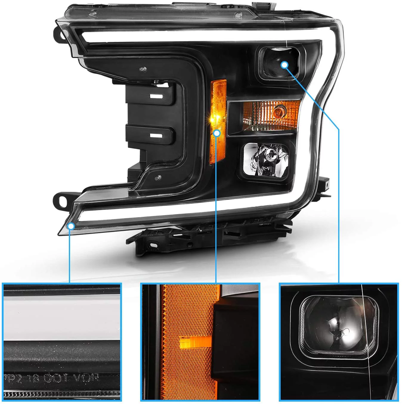 Auto Parts Avenue LED Ford F-150 Black Quad Projector Headlight Set 2018 - 2020 for Pickup Truck