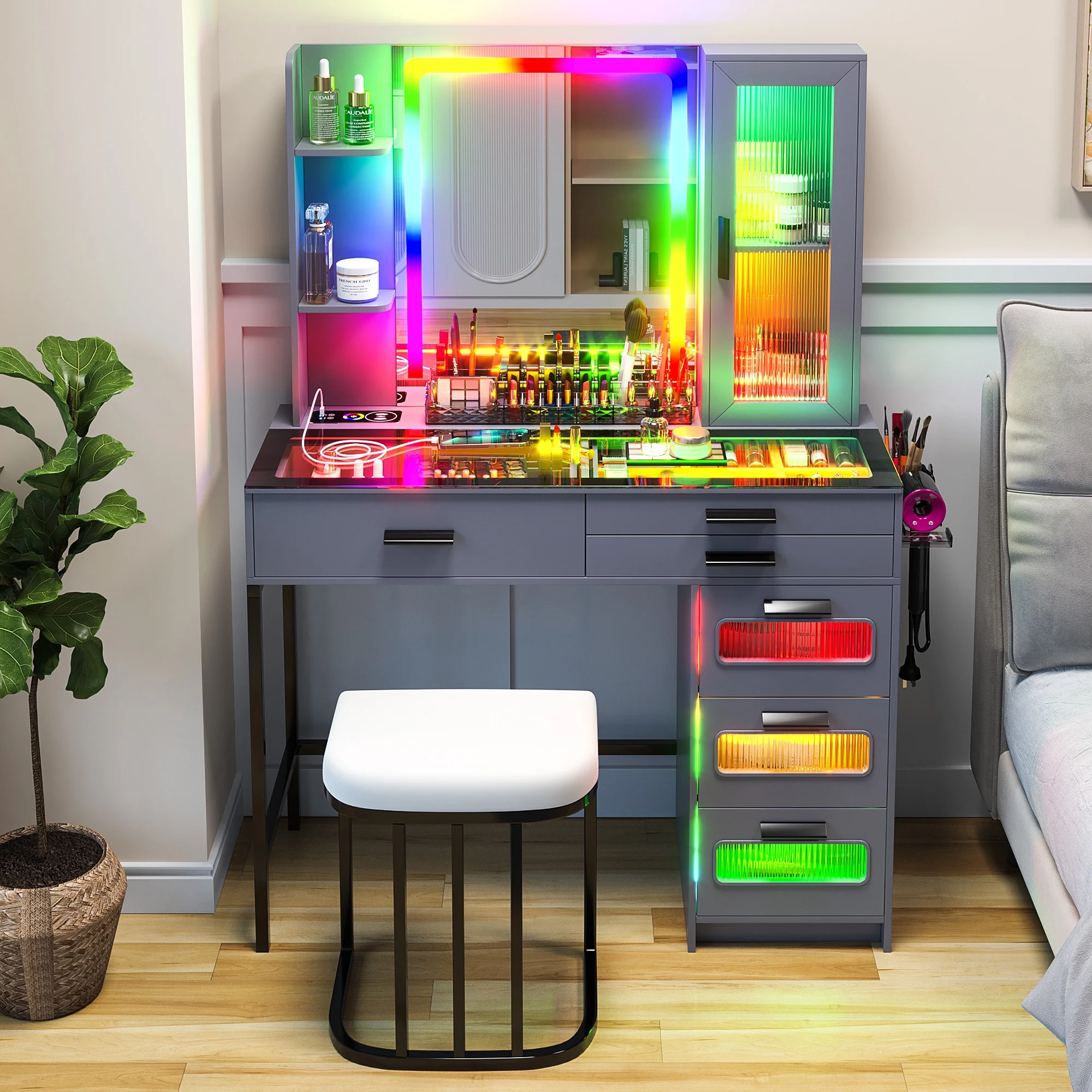 HNEBC RGB Vanity Desk with Lights, Glass Top Makeup Desk with Wireless Charging Station, Dressing Table Set with Stool/6 Drawers, Makeup Vanity with Dazzling Lights and Mirror,Dressing Table (Grey)