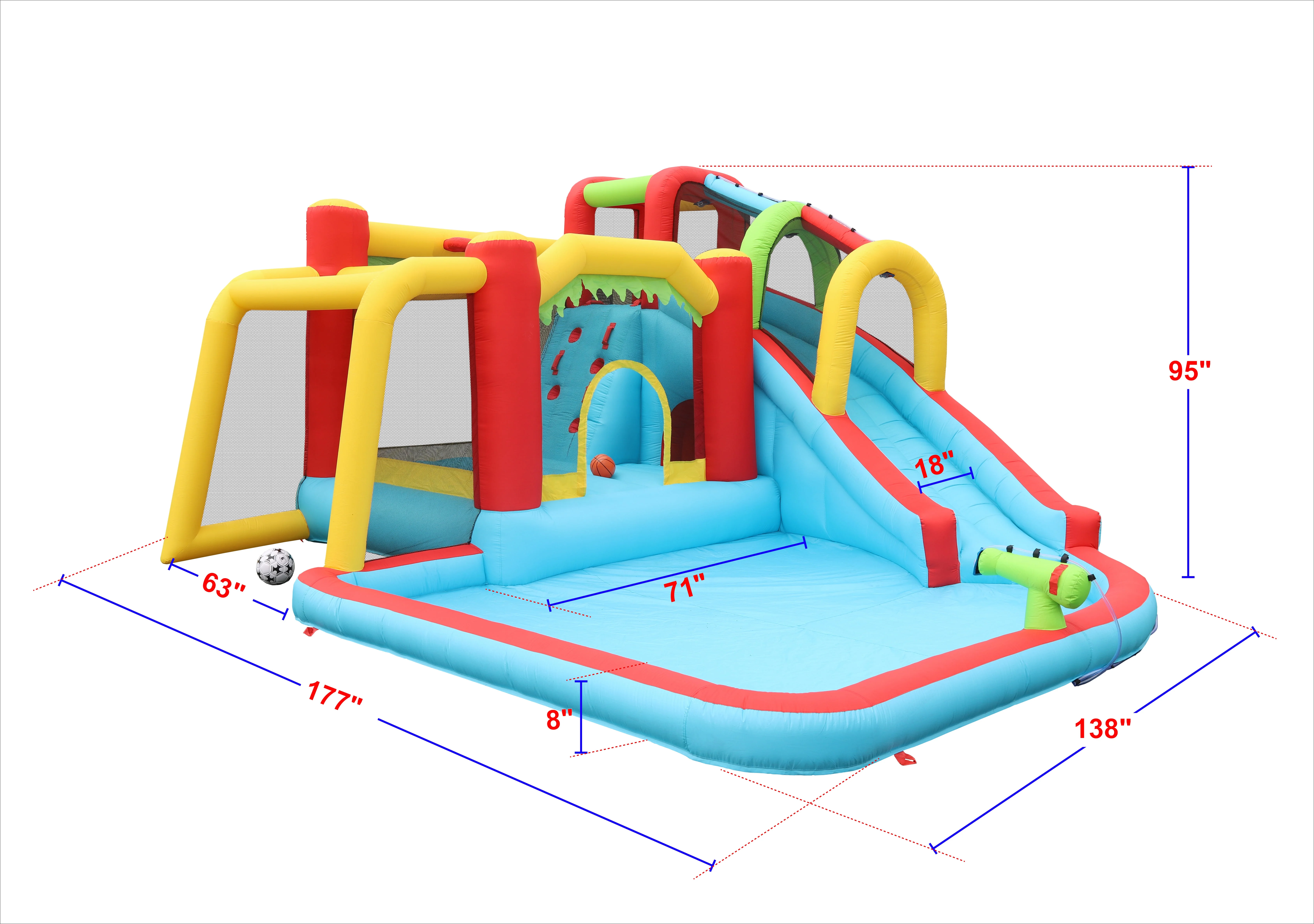 BATE 7 in 1 Kids Inflatable Slide Water Park Bouncing House Outdoor Soccer Garden Bouncer with Splash Pool & Climbing Wall & Basketball & Football