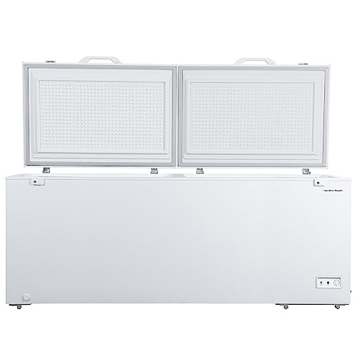 Hamilton Beach Chest Deep Freezer - White, GARAGE READY Food for Large Family, Storage Basket, Space-Saving Flat Back, Stay-Open Lid, Front-Access Drain, for Basement, Laundry Room, Cottage