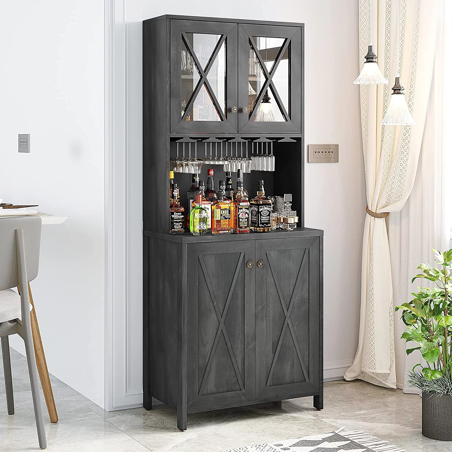 Dextrus Farmhouse Bar Cabinet for Liquor and Glasses, Freestanding Kitchen Pantry Cabinet Storage with 4 Door, Sideboard Buffet Cabinet for Living Room, Hallway, Charcoal Grey