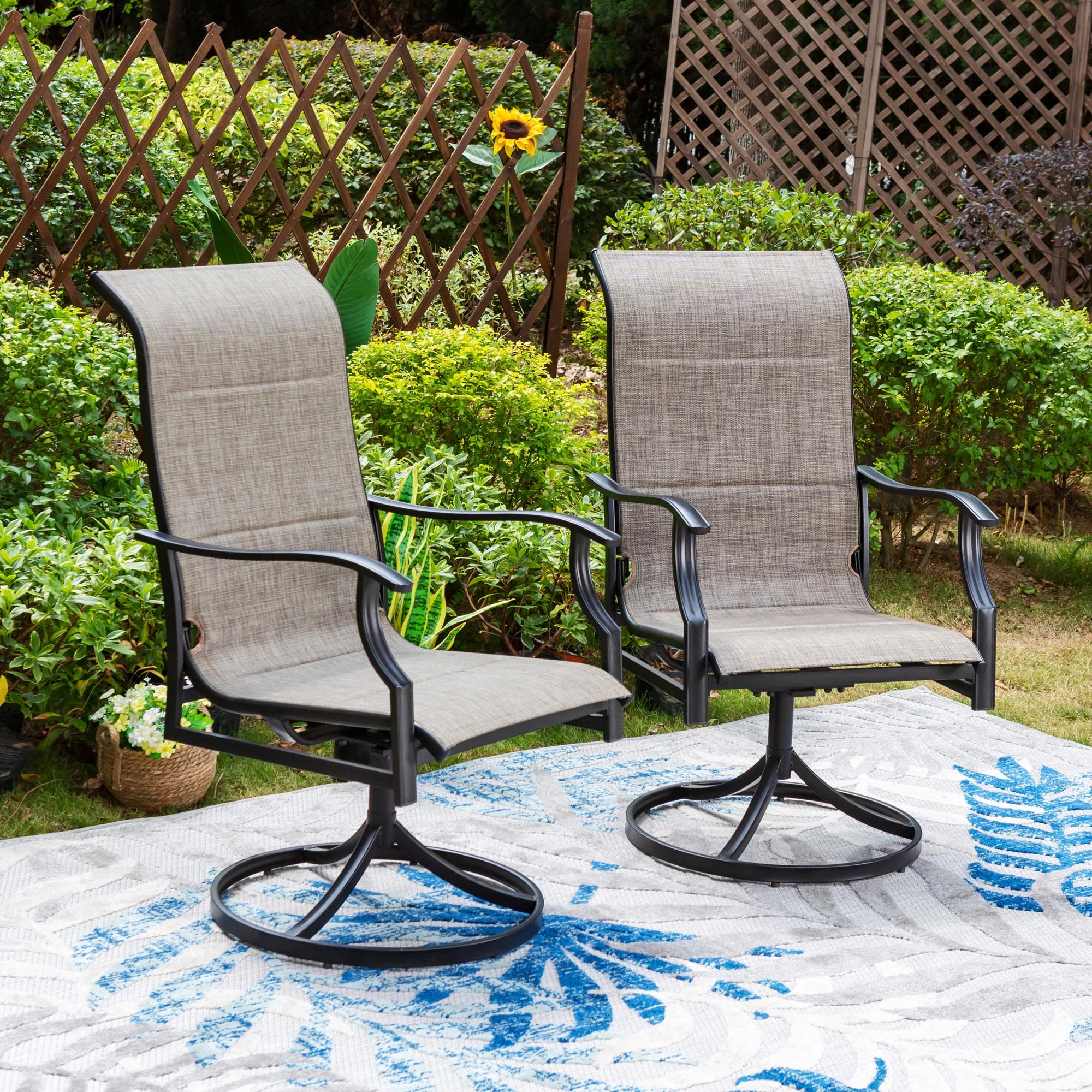 Summit Living 5-Piece Outdoor Dining Set,4 High-Back Swivel Chairs with Padded&1 Round Steel Table with Umbrella Hole,Black&Gray