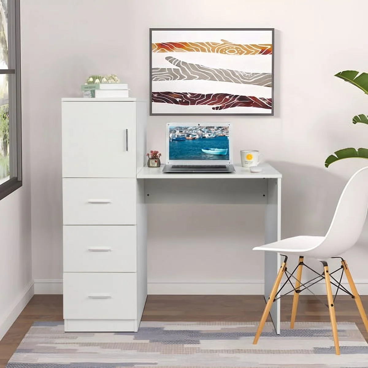 SYTHERS Office Desk with 3 Storage Drawers & Door, Hold Up to 220 Ibs, White