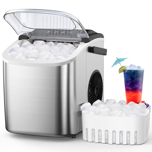 Stainless Steel Countertop Ice Maker, 26.5Lbs per Day, 9 Cubes Ready in 6-8 Mins, Portable Ice Maker Machine with Auto-Cleaning, for Home/Kitchen/Party/Gift (Sliver)
