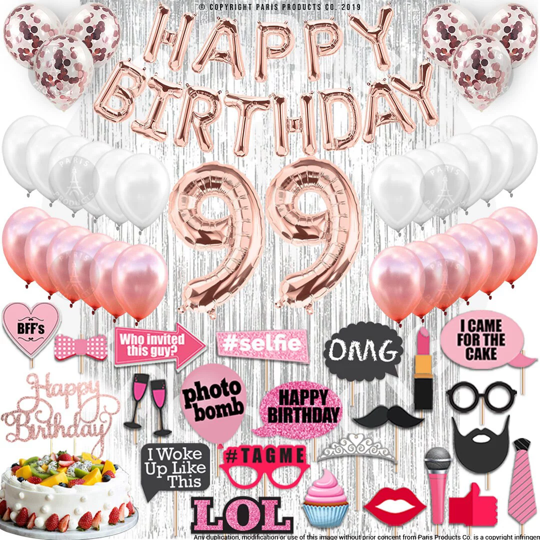 99th Birthday Decoration Rose Gold with Silver Curtain, 99 Party Supplies, 99th Sash, 99 Cake Topper, 99th Photo Props, Confetti Balloons