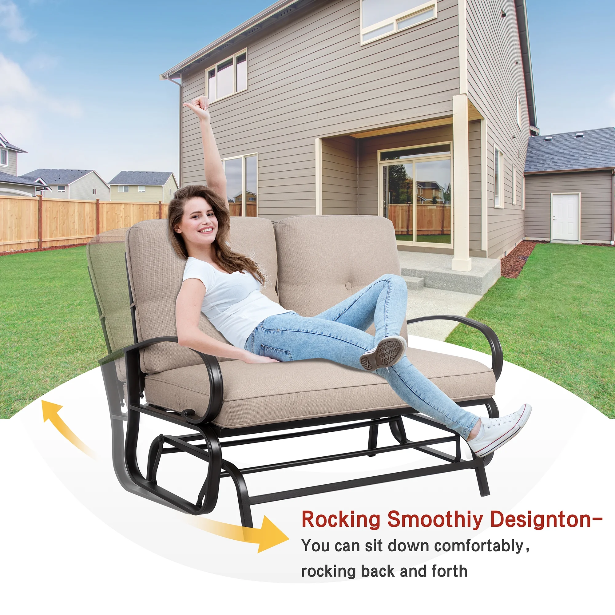 Outdoor Patio Metal Swing Glider Rocking Bench,Garden Loveseat Porch Furniture Glider, Steel Frame Chair Set with Cushion khaki