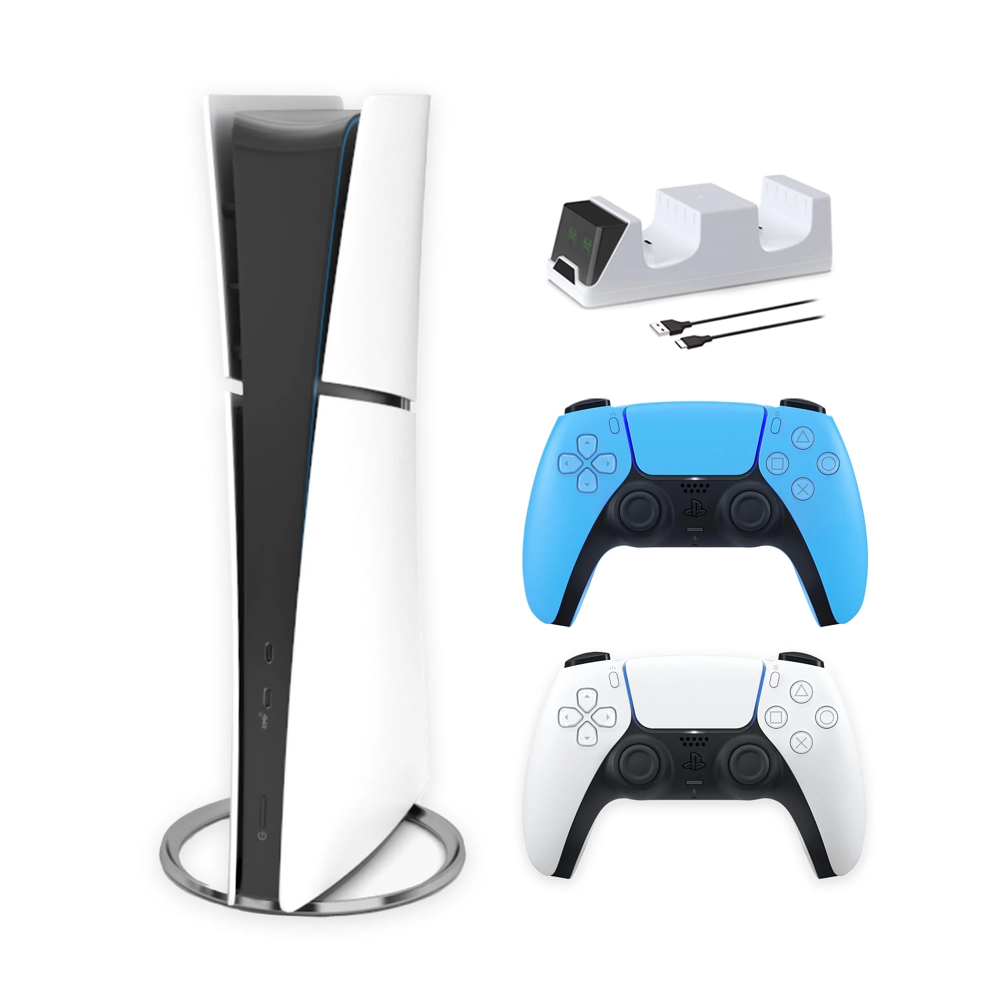 2023 New PlayStation 5 Slim Digital Edition Bundle with Two Controller White and Starlight Blue Dualsense and Mytrix Controller Charger - Slim PS5 1TB PCIe SSD Gaming Console