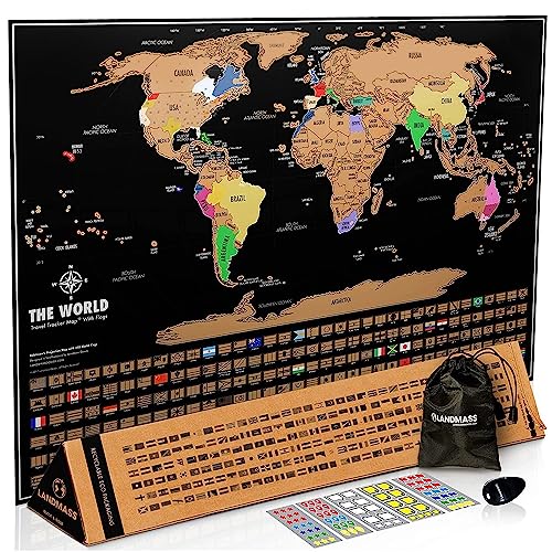 Landmass Scratch Off World Map, Deluxe Travel Tracker Map Poster with Flags, Detailed Cartography, Map of the World, Gift Idea for Travelers, Map Lovers, Wall Art, Home or Office Decor, 17x24 Inches