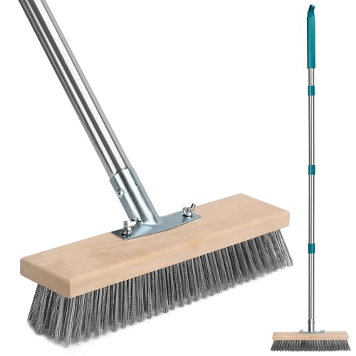 Stainless Steel Deck Scrub Brush with Long Handle, Outdoor Broom for Concrete, Deck, Cement Floor Cleaning, 53
