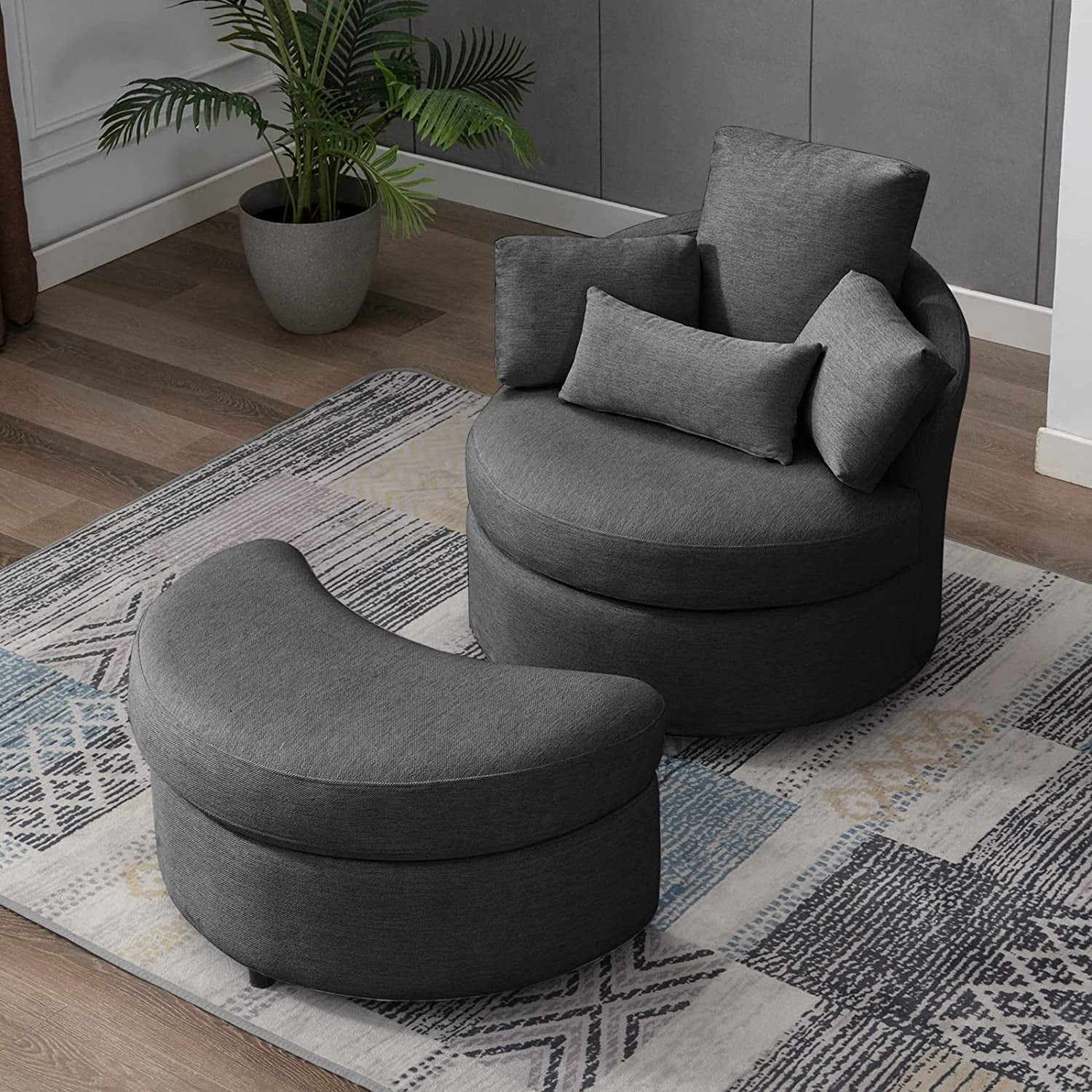 BALUS Modern Swivel Accent Barrel Sofa Chair, with Half Moon Storage Ottoman, Linen Fabric Leisure Round Chair,Sofa Lounge Chair with 3 Throw Pillow for Living Room Hotel/Club (Dark Grey)