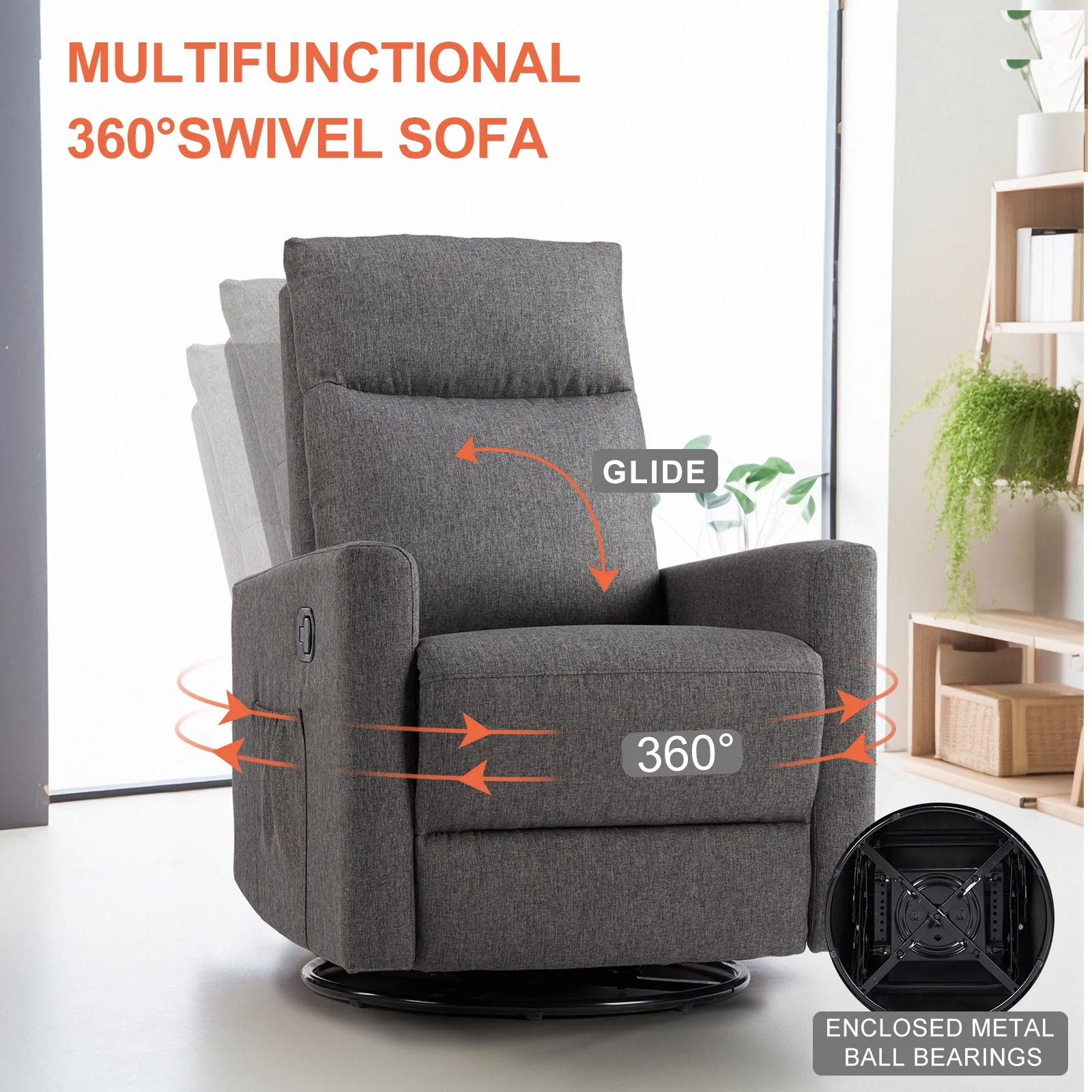 EDX Swivel Glider Rocker Recliner Chair with Adjustable Backrest and Footrest for Nursery Living Room Bedroom, Grey