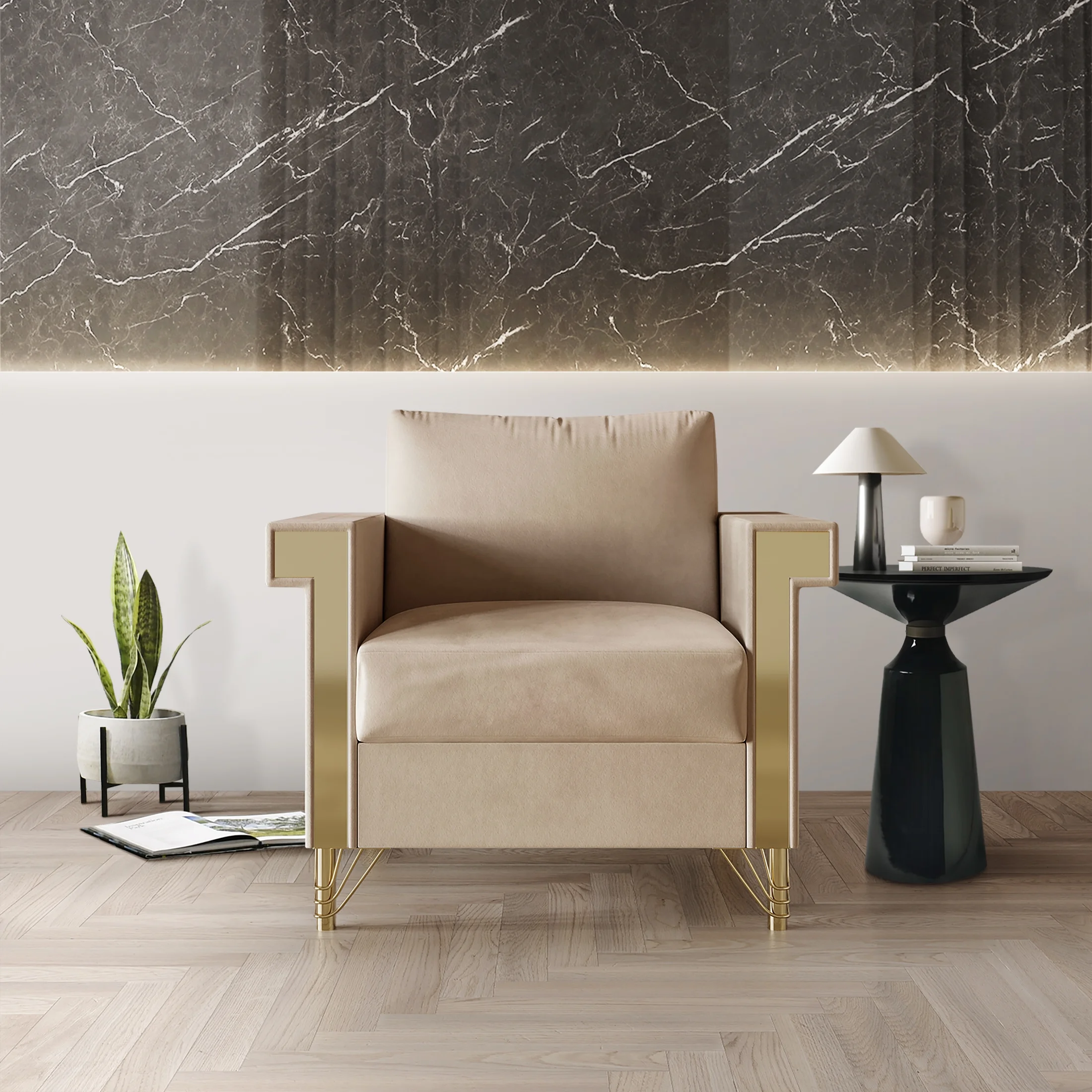 Castle Place Comtemporary Glam Velvet Upholstered Armchair, Beige