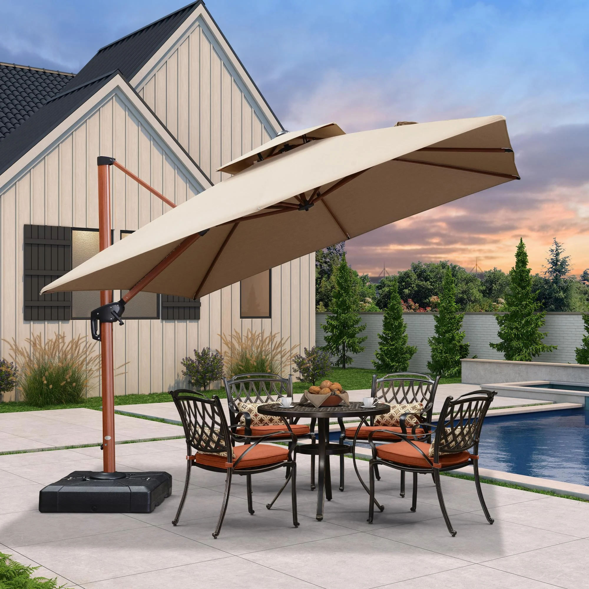 PURPLE LEAF 10 Ft Deluxe Sunbrella Square Double Top Wood Pattern Patio Outdoor Umbrella Offset Hanging Umbrella Outdoor Market Umbrella, Heather Beige