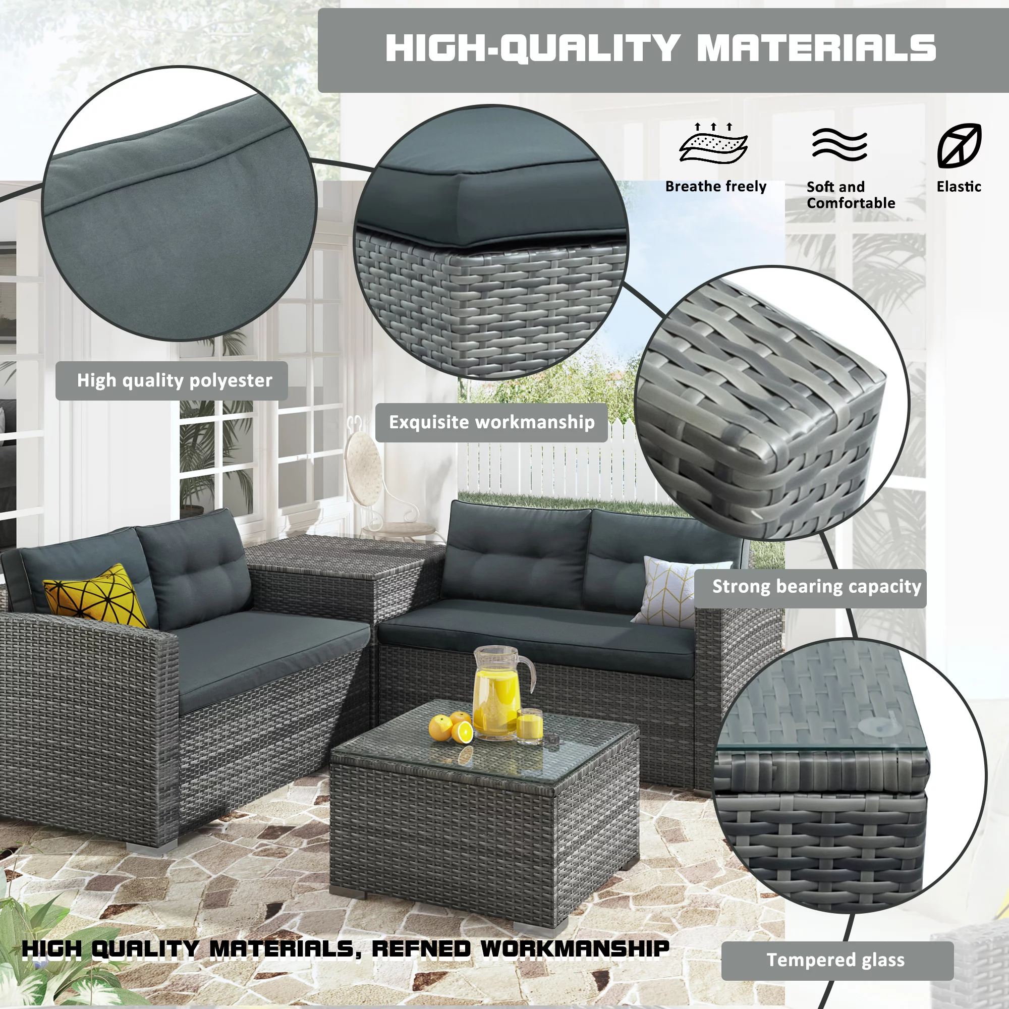 4 Pieces Patio Furniture Set Patio Wicker Sofa Rattan Set Outdoor Sectional Sofa Couch Patio Furniture Conversation Set and Love Seat with Cushions and Coffee Table Storage Box Gray