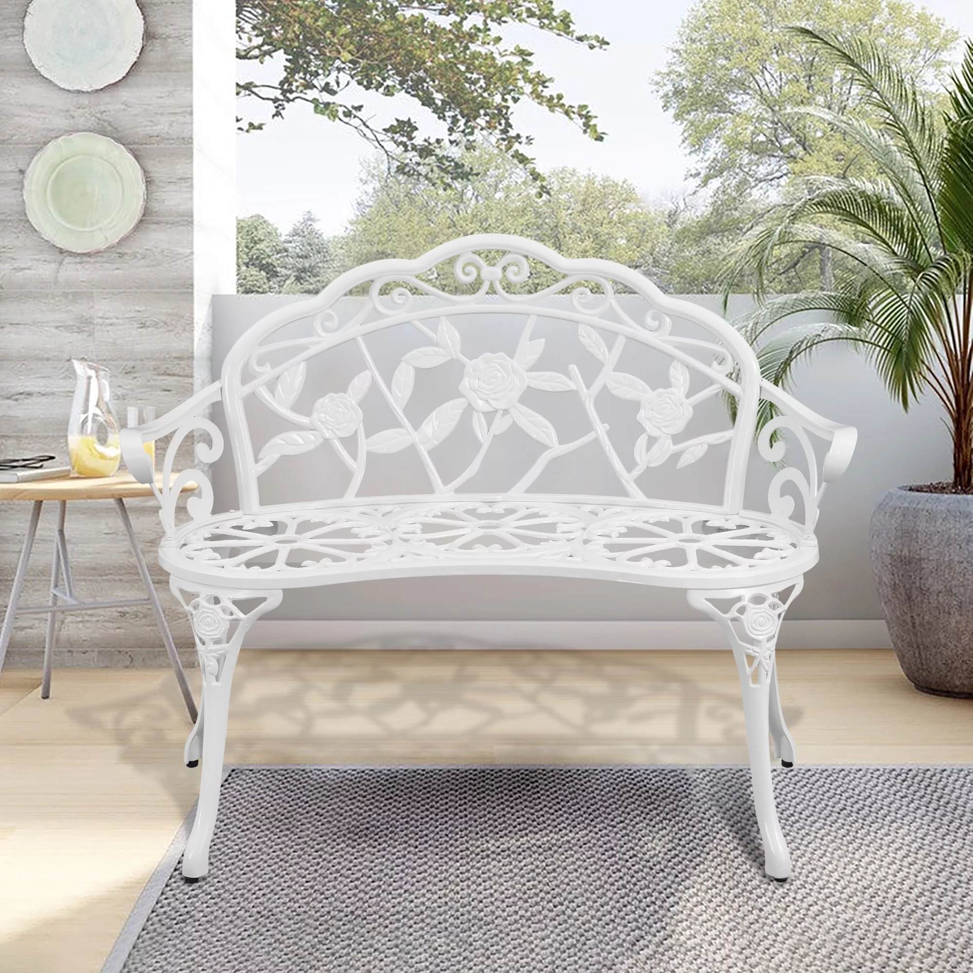 HOMEFUN 39 in. White Outdoor Aluminium Garden Bench