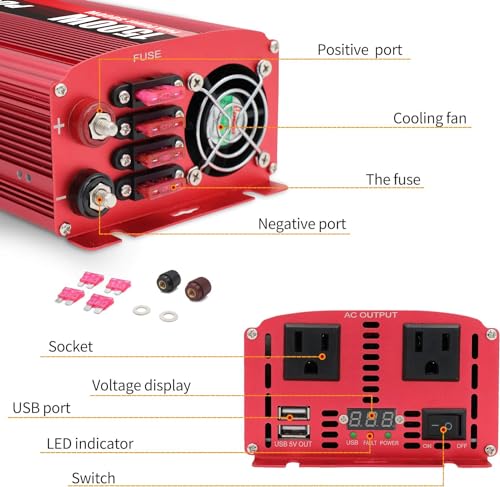 Cantonape 1500W/3000W(Peak) DC 12V to 110V AC Power Inverter with Dual AC Outlets and Dual 3.1A USB Car Adapter, Replaceable Fuses and Cigarette Lighter for Car Home Truck Outdoor