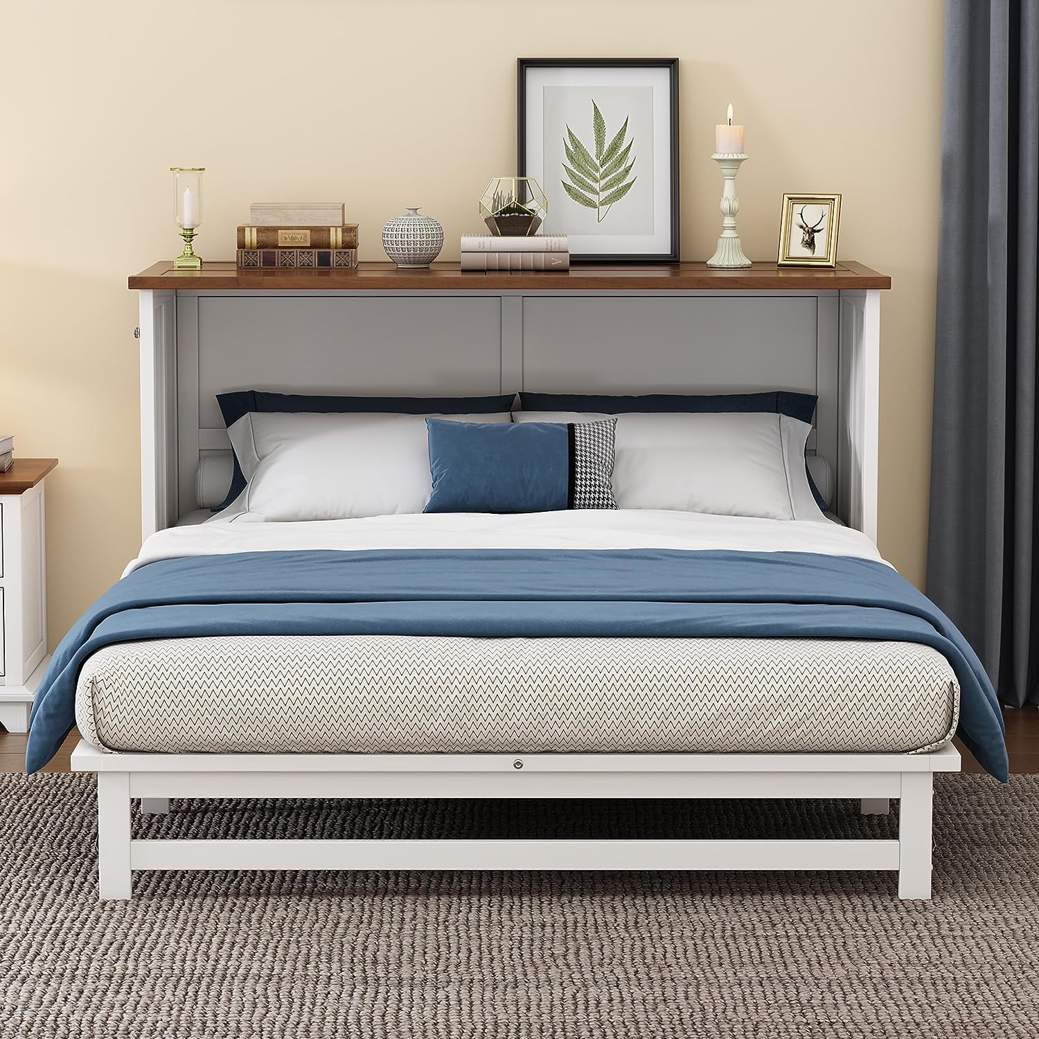 Tabaray Wood Murphy Bed Chest, Queen Size Foldable Platform Bed Frame with Charging Station and Large Storage Drawer, Muti-Functional Cabinet Bed for Home Office or Small Room