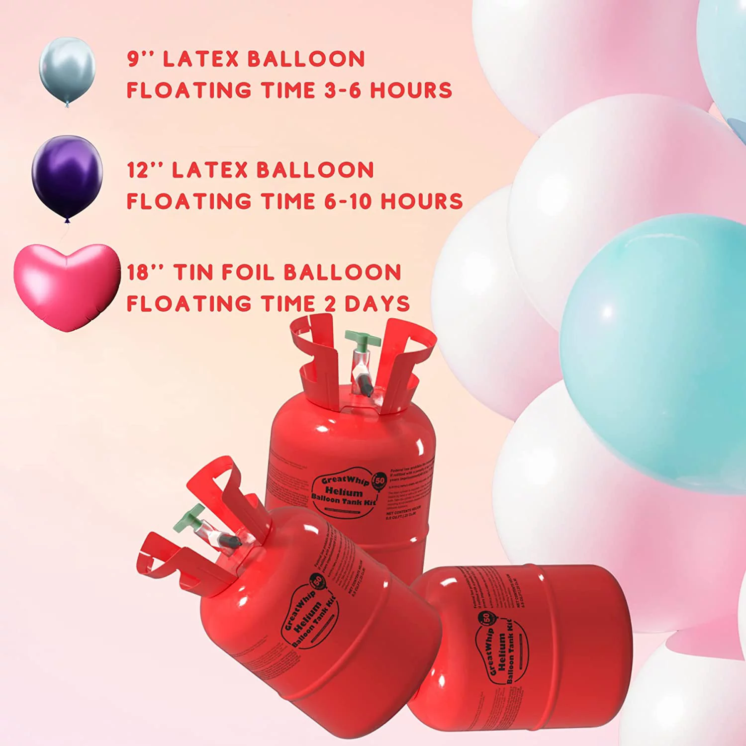 GreatWhip 13L Helium Tank up to 50 Latex Balloons Helium Tank for Balloons at Home Helium Balloon Pump Kit Blend