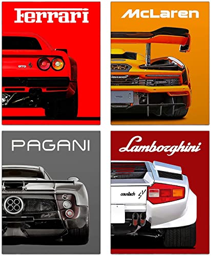 Modern Car Posters Classic Supercar Wall Art Prints, Cool Racing Ferrari Lamborghini McLaren Pagani Canvas Posters for Man Cave Boys Room Wall Decor, Sports Car Art Prints, Set of 4 (8