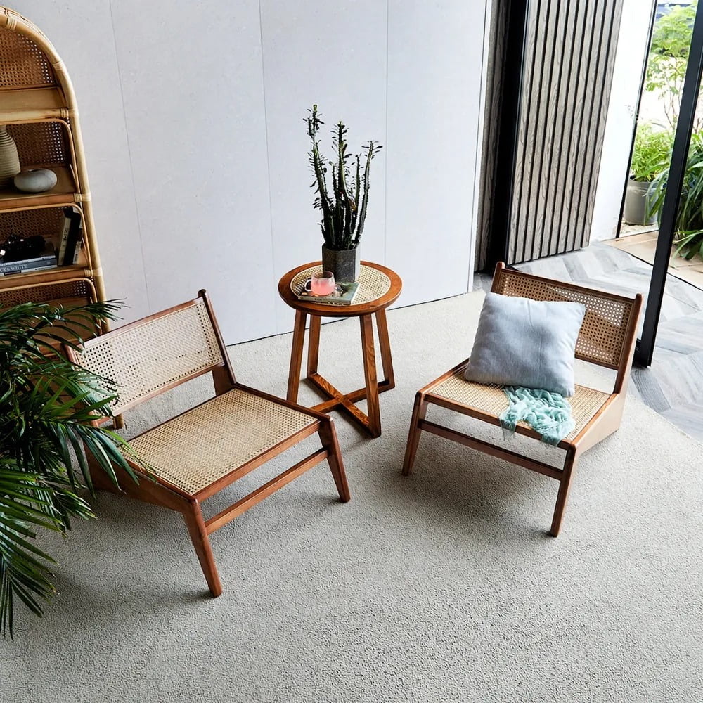 Homary Japandi Walnut Rattan and Wood Lounge Chair Accent Chair for Living Room