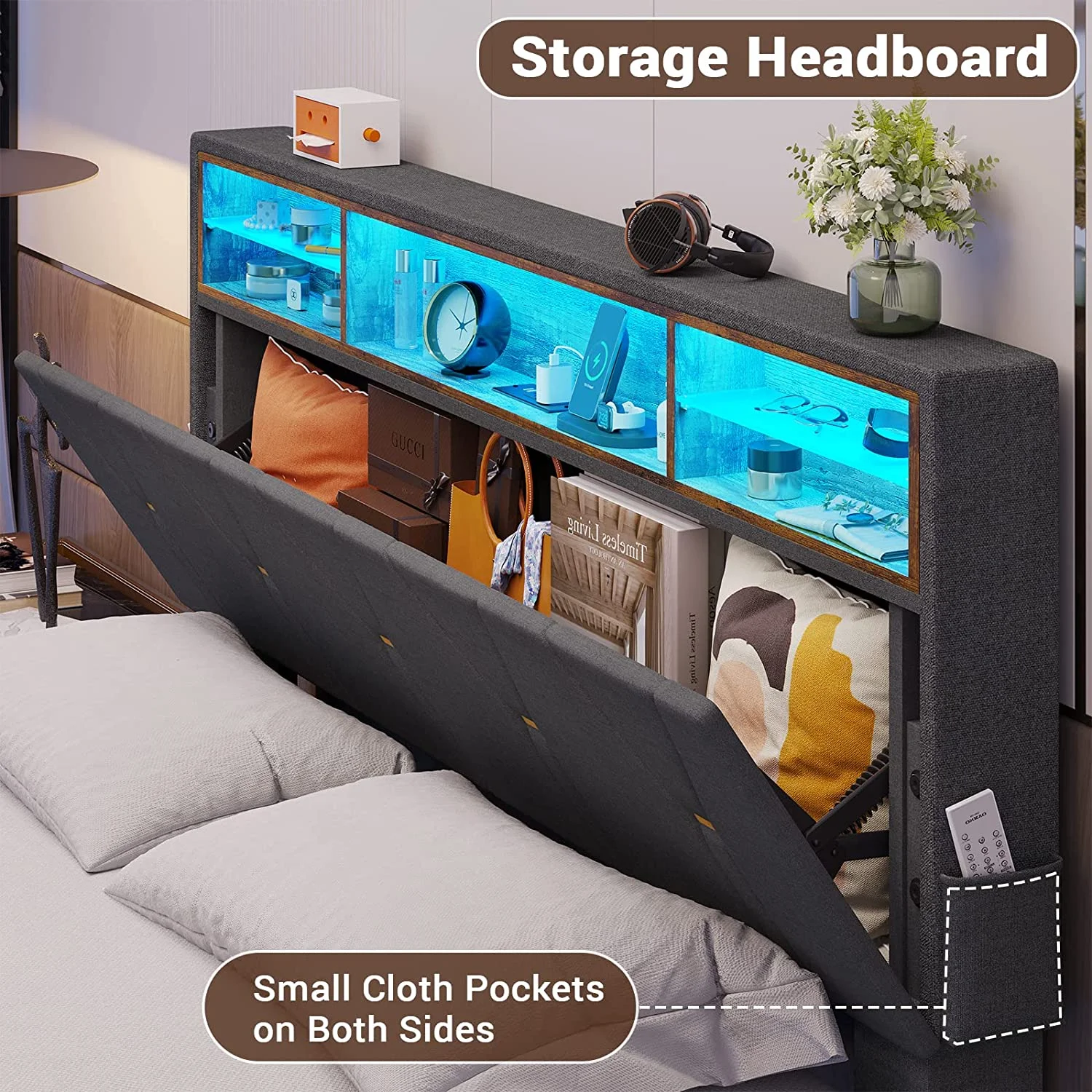 DICTAC Upholstered Platform Bed Frame with Charging Station and LED Bookcase Headboard, Queen Size, Dark Grey