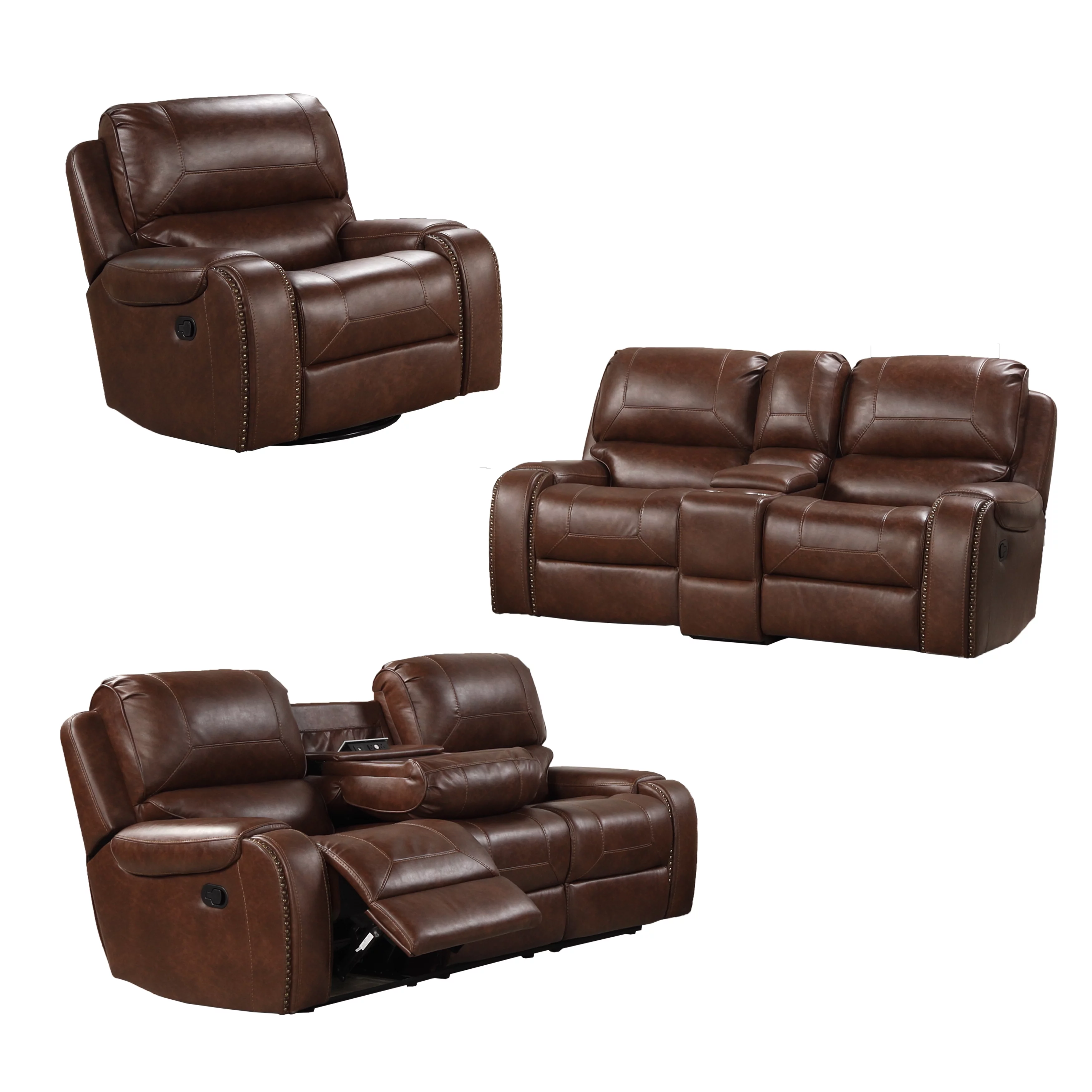 Roundhill Furniture Achern Brown Leather-Air Nailhead Manual Reclining 3-Piece Sofa Set