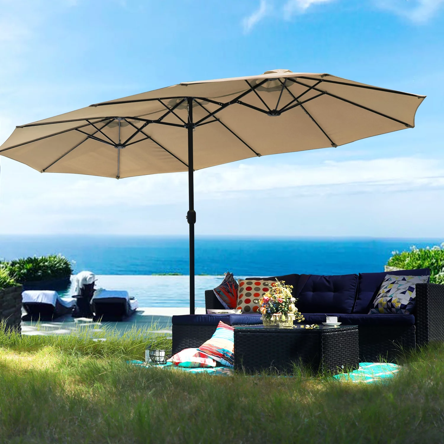 Summit Living 13 ft Large Patio Umbrella Double Sided Outdoor Market Umbrella Beige