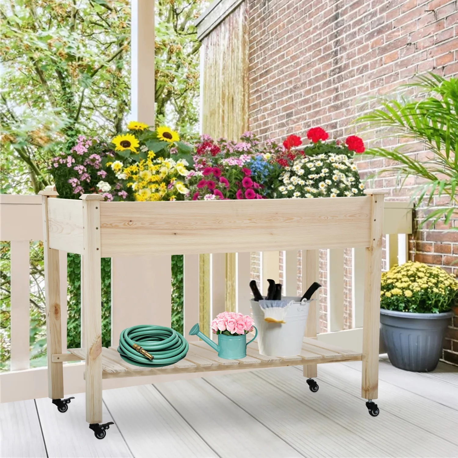 NiamVelo Raised Garden Bed, Elevated Wood Planter Box with Wheels and Storage Shelf,  Outdoor Garden Planter Box for Vegetable Plants and Seeds Backyard Patio Garden Raised Bed, Natural