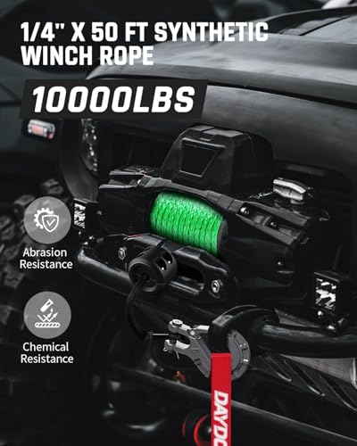 DAYDOOR Synthetic Winch Rope, 1/4'' x 50ft 10,000LBS Synthetic Winch Line, Synthetic Winch Cable for Offroad Vehicle 4WD ATV UTV, Synthetic Rope with Forged Winch Hook and Rubber Stopper (Gray)