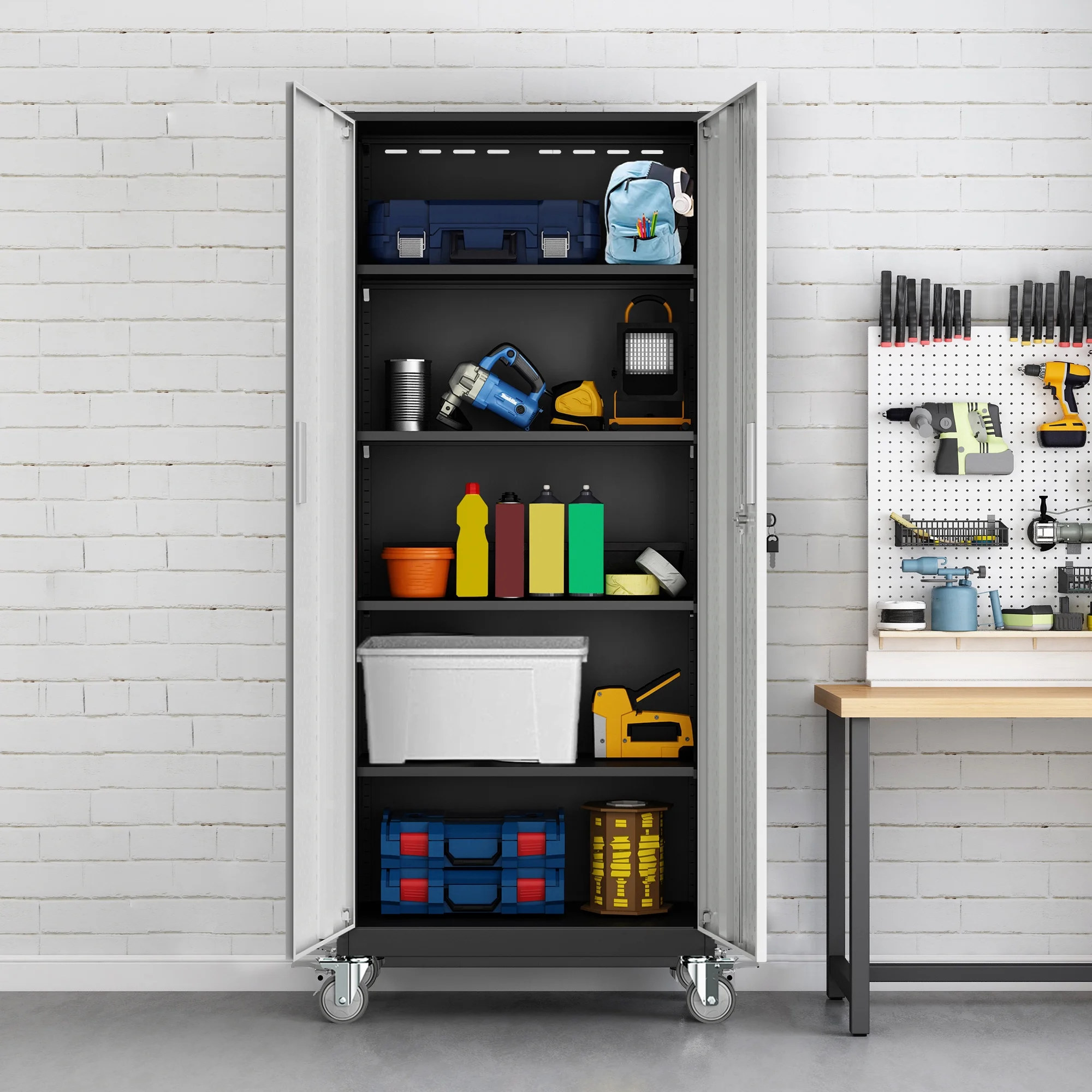 Tall Metal Storage Garage Cabinets with Wheels Locking Doors and 4 Adjustable Shelves, Double Handles, Steel Storage Cabinet for Garage, Office, Bedroom,Classroom, School,Gym (Gray with Pulleys)