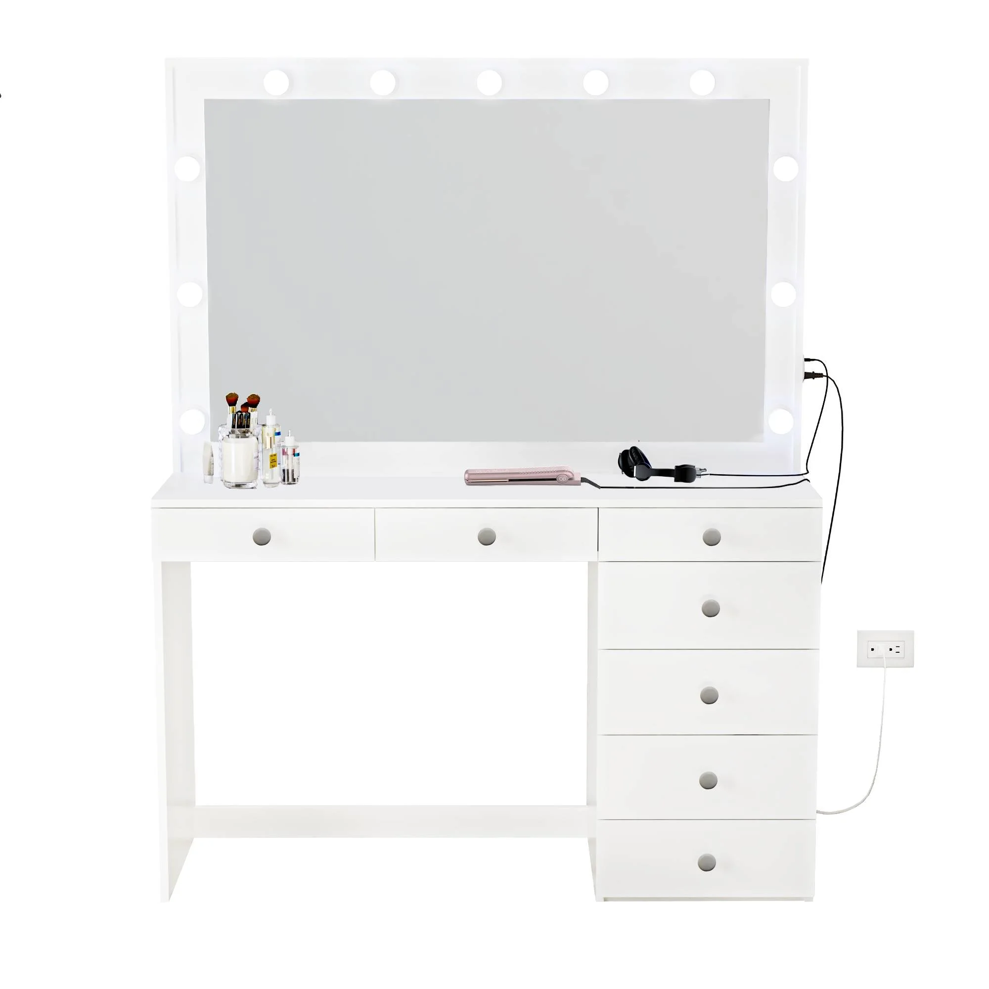 Boahaus Modern Lighted Vanity Set, White Finish, with Mirror for Bedroom, Basic Knobs