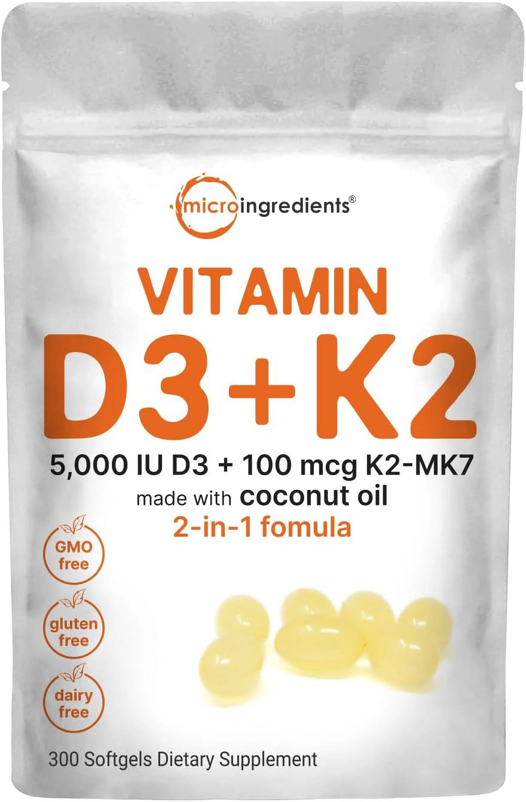 Vitamin D3 5000 IU with K2 100 mcg, 300 Soft-Gels | K2 MK-7 with D3 Vitamin Supplement, 2 in 1 Support Immune, Heart, Joint, Teeth & Bone Health - Easy to Swallow