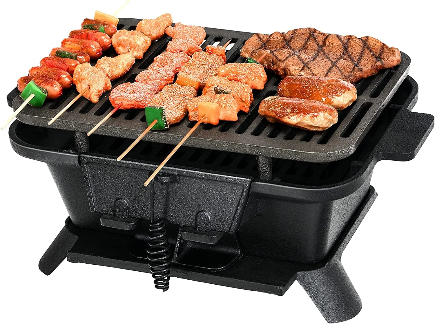 Charcoal Grill Portable Barbecue Smoker Grill, Cast Iron Hibachi Grill with Double-sided Grilling Net Air Regulating Door Fire  for Outdoor Cooking Camping Hiking Party