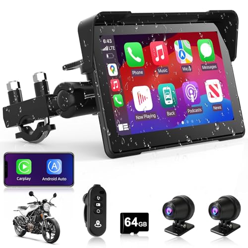 Motorcycle CarPlay & Android Auto 7 inch Motorcycle DVR Wireless Carplay Screen for Moto with Dual 2K Cameras GPS Navigation for Motorbike, Remote Control, Voice Control, Bluetooth, TF-64G