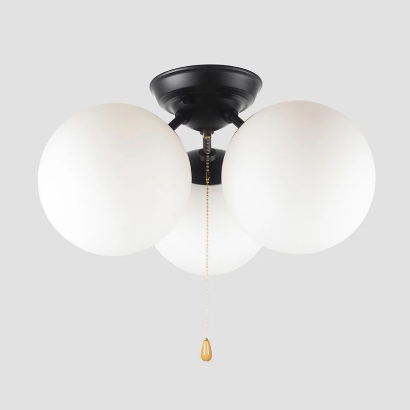 Modern Pull Chain Ceiling Light Fixture with Globe White Glass Shades, Black Metal Mid Century Bedroom Semi Flush Mount Lighting 3-Light E26 8080