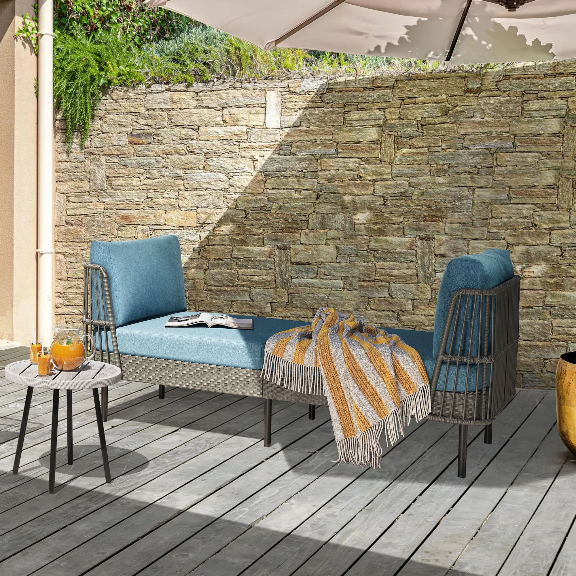 DWVO 74in Outdoor Daybed Wicker Patio Sofa Bed With Thickness Cushion Indoor Bed Lounger for Balcony Garden Deck Lawn - Blue