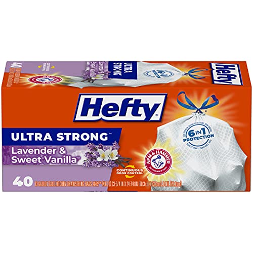 Hefty Ultra Strong 13 Gallon Trash Bags, Tall Kitchen Trash Bags 13 Gallon Size, Drawstring Closure, Continuous Odor Control, White, Lavender and Sweet Vanilla Scent, 80 Bags