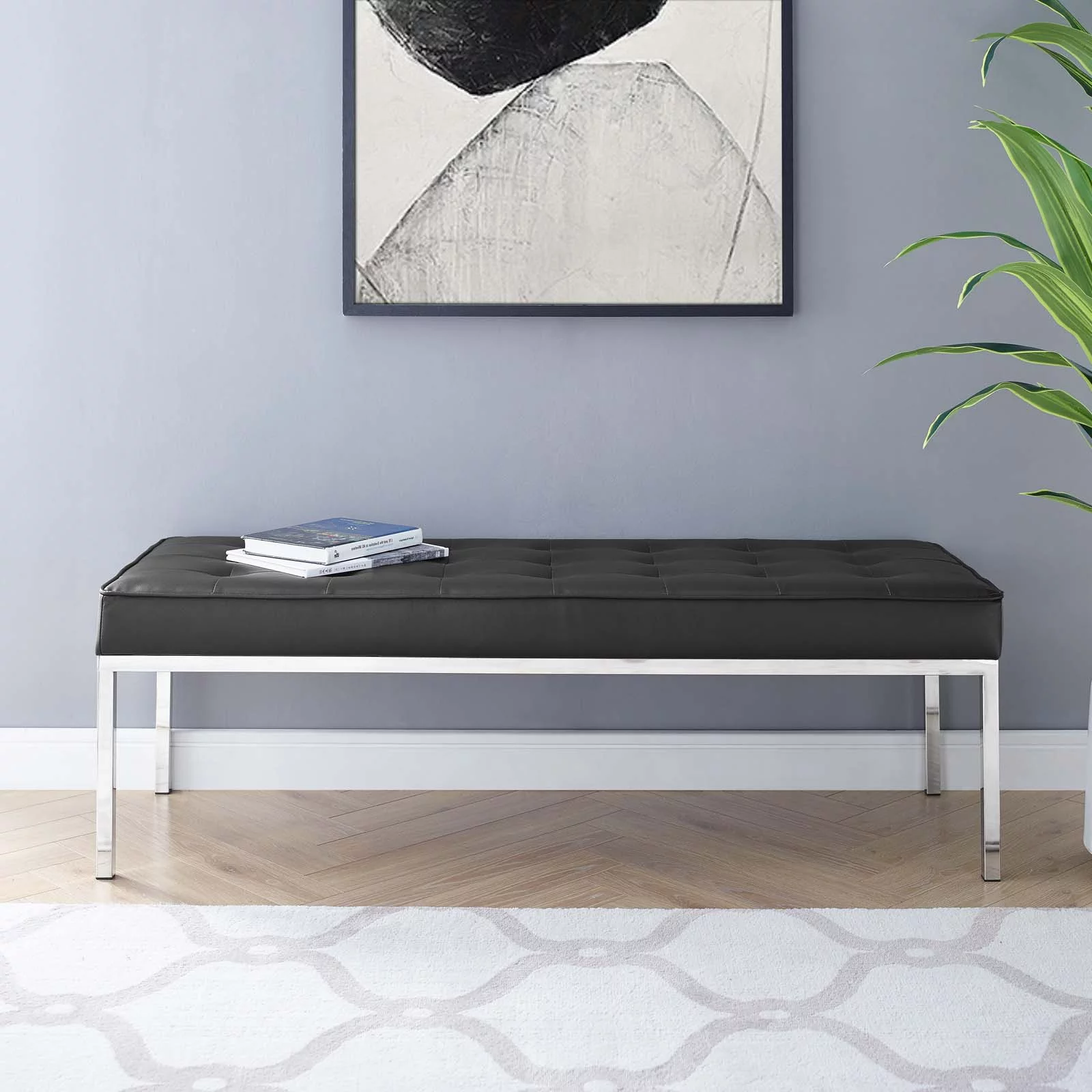 Contemporary Modern Urban Designer Living Room Lounge Club Lobby Accent Chair Bench, Faux Vinyl Leather Metal Steel, Black Silver